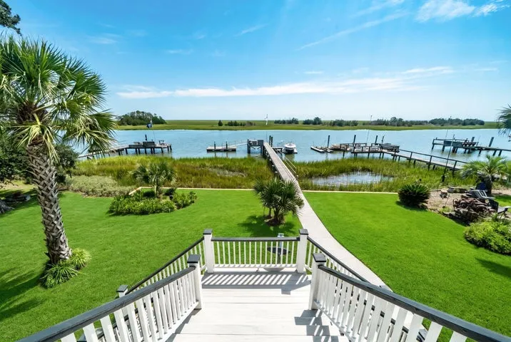Walkway from a lawn to a private dock on the Intracoastal Waterway at 925 Shellmore Lane, McClellanville