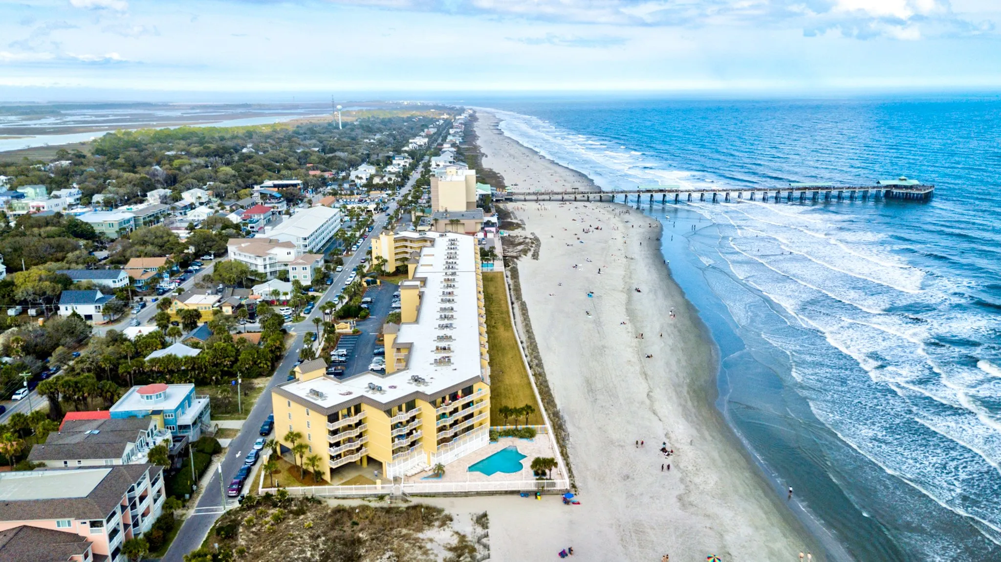 Aerial view of Folly Beach looking down the island toward the pier
