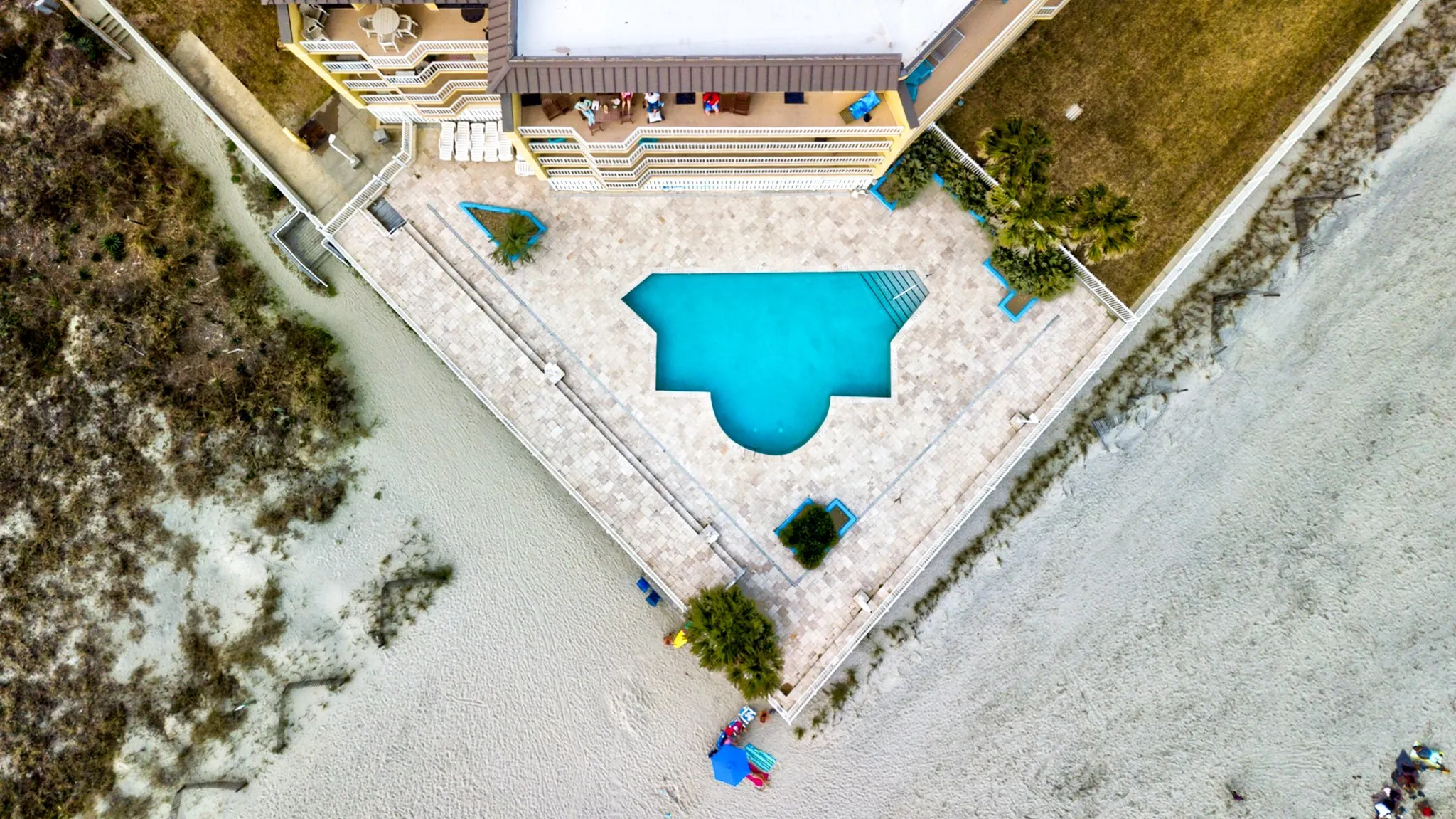 Top-down aerial view of a beachfront pool deck meeting the dunes at Folly Beach