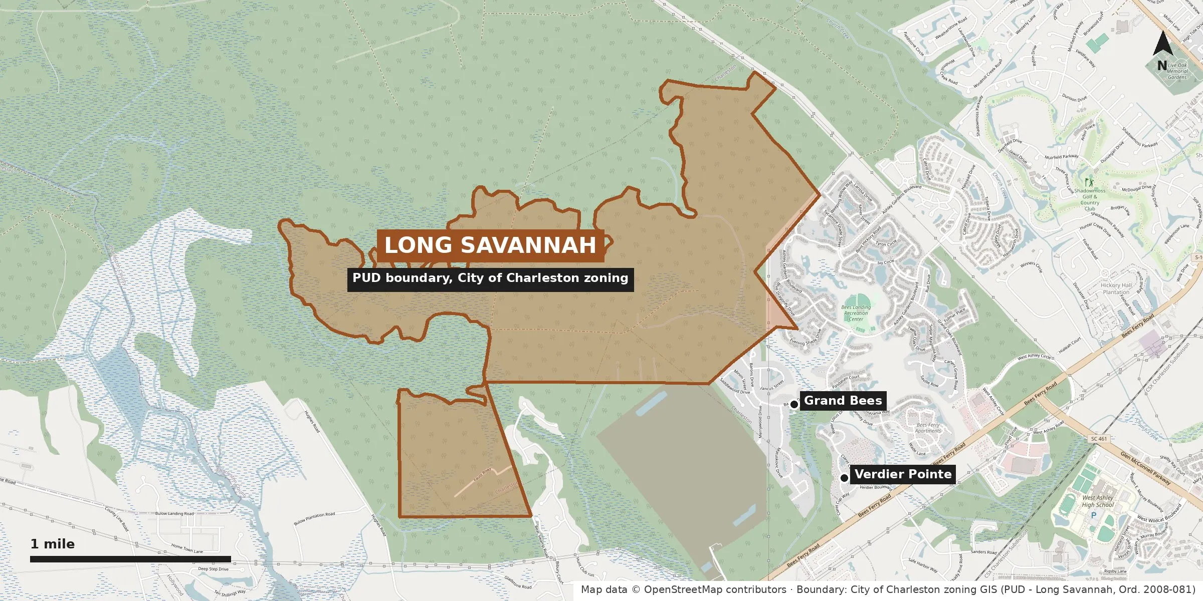 Map of outer West Ashley with the Long Savannah PUD boundary shaded west of Grand Bees and Verdier Pointe, between Bees Ferry Road and Bear Swamp Road