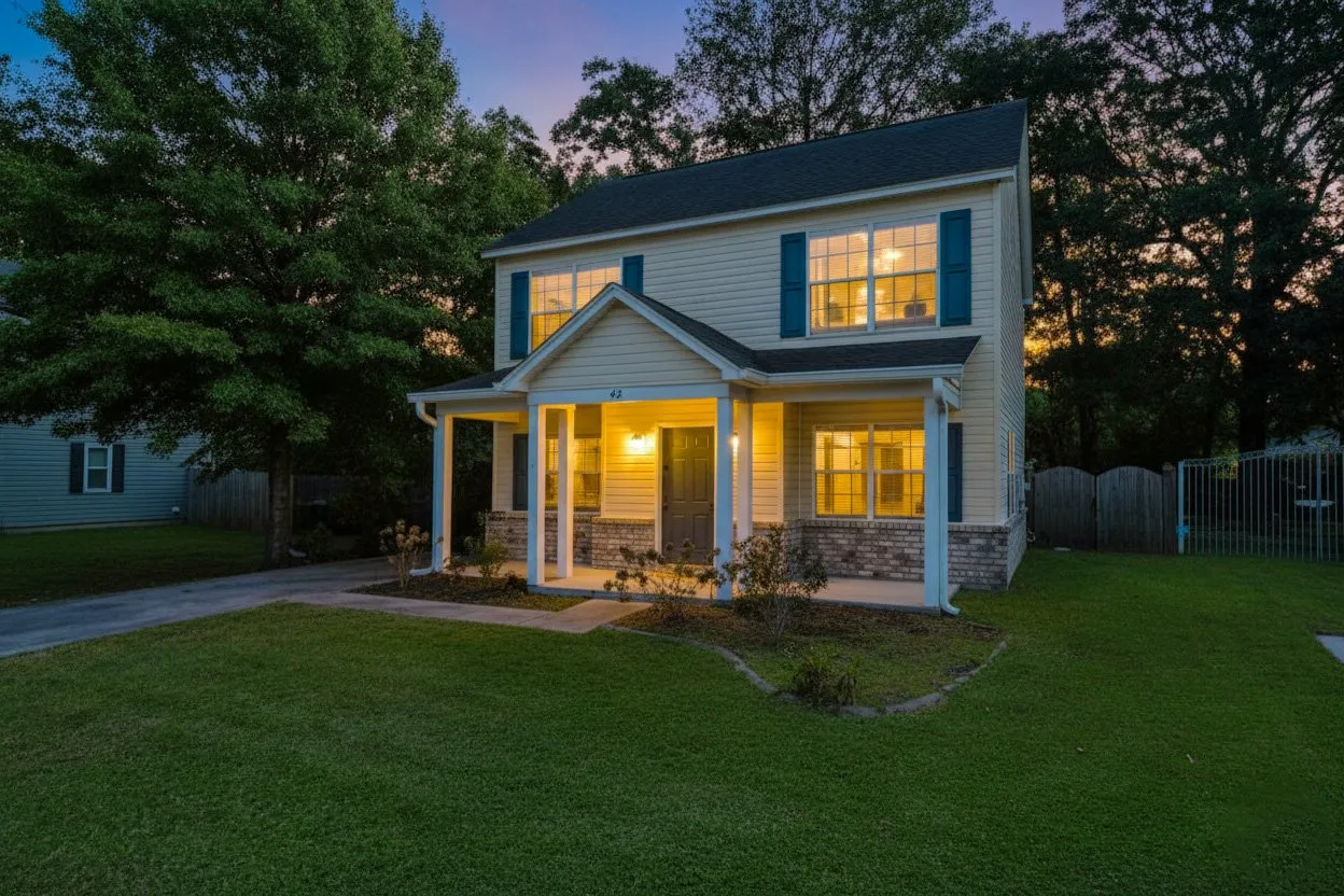 Two-story home at dusk with the porch lights on