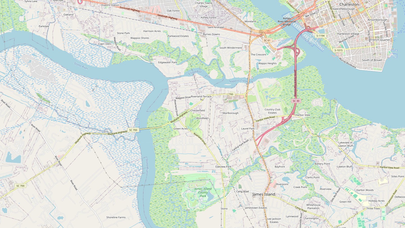 Map of James Island and West Ashley with downtown Charleston to the northeast; the pin marks 2100 Paw Paw Place near Maybank Highway